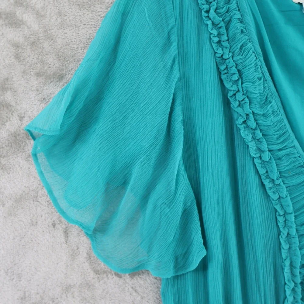 Sundance Tiered‎ Ruffle Midi Dress Womens Small Teal Blue Lyocell Boho Flutter